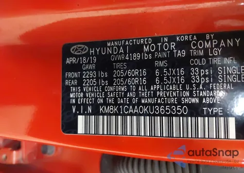 2019 Hyundai Kona Se from USA, damaged, VIN KM8K1CAA0KU365350
